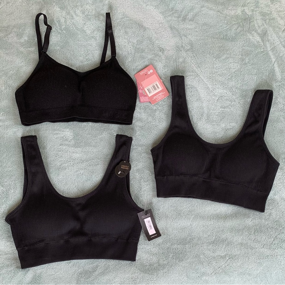 Black Ribbed Bra Lot – 3 Tops – Size S/M – New & Gently Used